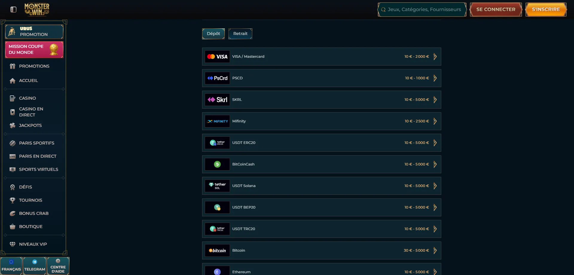 monsterwin-deposit Metodi di pagamento Monsterwin deposito prelievo sicuro rapido